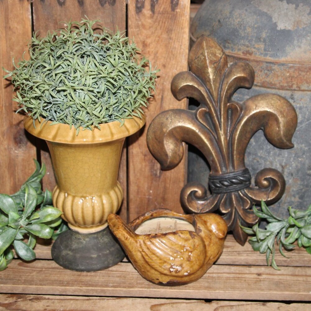 French Country Topiary Urn Espresso Soy Bird Candle & Fleur De Lis Wall Plaque